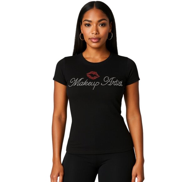 MAKEUP ARTIST Rhinestone Graphic Embellished Black T-Shirt Size Large - NEW - Picture 1 of 5